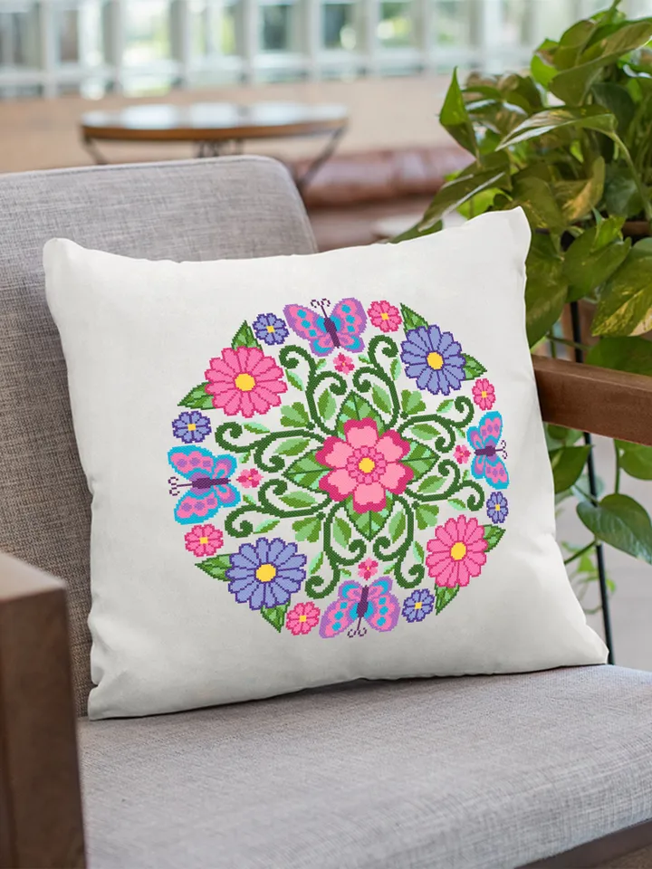 Floral mandala cross stitch pattern PDF download Mandala butterfly cross stitch chart, Summer mandala ornament for hand embroidery PDF #M149