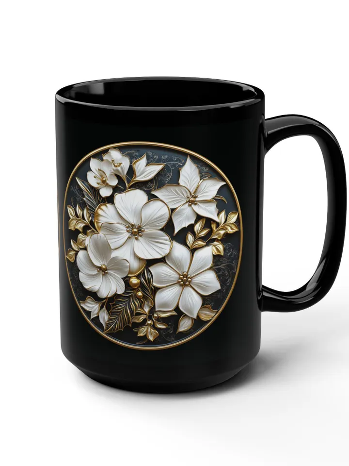 Elegant Floral Black Mug, 15oz | Perfect Gift for Tea Lovers, Home Decor, Wedding Favors, Mother's Day, Coffee Enthusiasts