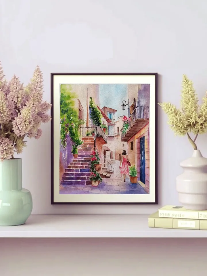 Original Watercolor Painting Urban Landscape Art Italian Courtyard Artwork Sunny Afternoon Picture 27x36 cm by SoftWaves