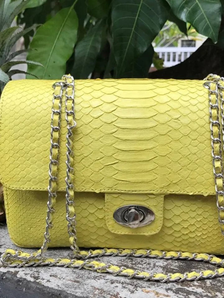 Genuine python skin maxi crossbody yellow bag, summer big chain crossbody, elegant classy crossbody bag genuine leather summer | snakeskin