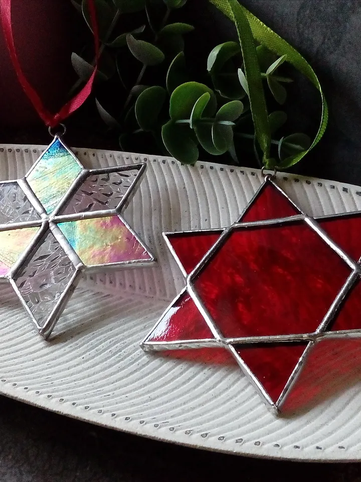 Set of 2 snowflake suncatchers, christmas ornaments, simple stained glass, Christmas decorations, Xmas tree star