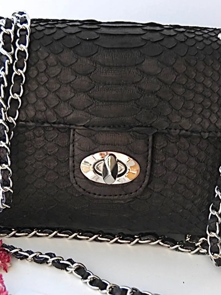 Genuine python skin adjustable chain crossbody black women classy MINI bag, classy evening bag, leather small black bag, black purse