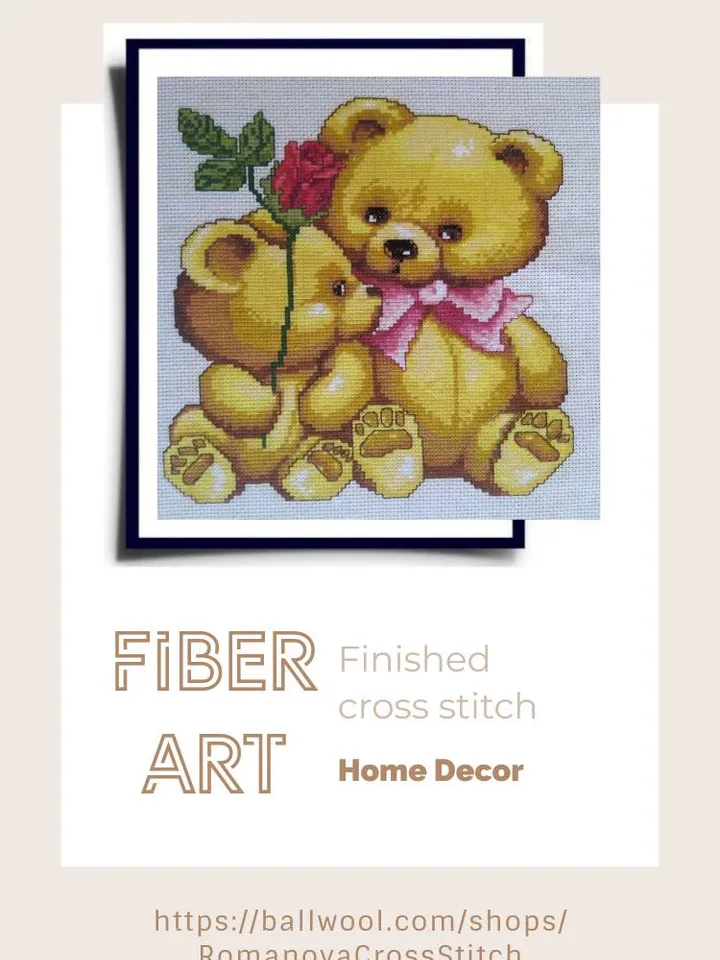 Handmade Teddy Bears painting, Animal wall art, for wall decor, finished cross stitch