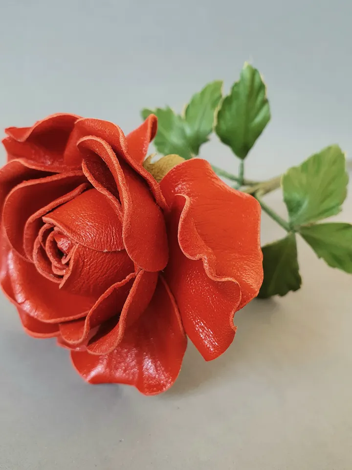 Red leather rose long stem 3rd anniversary gift for her, Leather flower living room decor