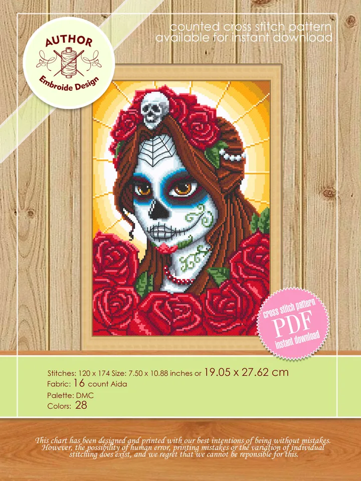 Catrina sugar skull cross stitch pattern download PDF Day of the Dead pattern PDF Mexican skull embroidery Lady skull Dia de Muertos #H28