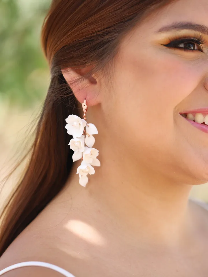 Delicate Porcelain Flower and Leaf Wedding Earrings, Boho Bridal Earrings, Rose Gold Statement Earrings, Floral Chandelier Earrings, Jewelry