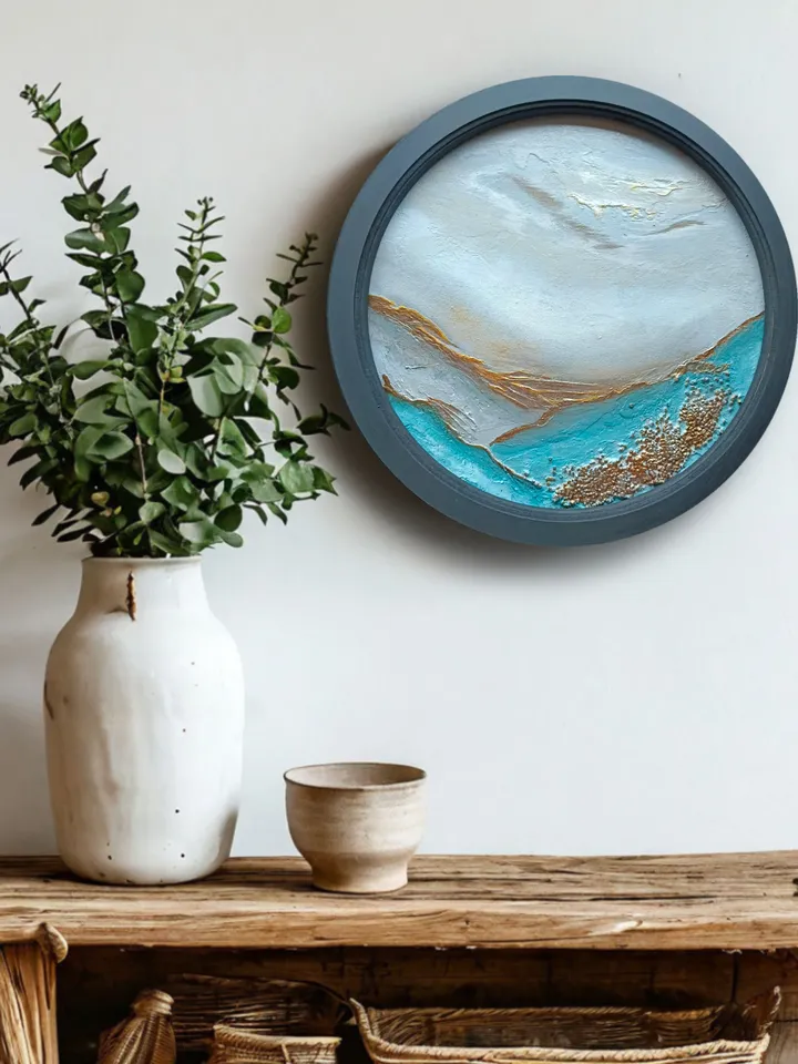 Round painting, Wall decor, round landscape, blue painting