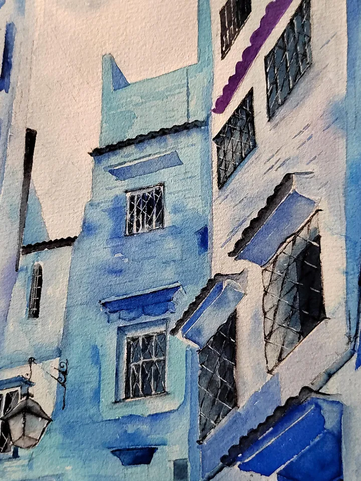 Blue Town Morocco Painting Chefchaouen Artwork Chaouen Original Watercolor Art 11.81x15.74 in by Art Café