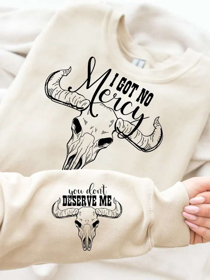 I Got No Mercy Svg Png, Country Song Png, Western Country Designs, Trendy Western Png, Bull Skull Design Png Sleeve Shirt Design Svg Png