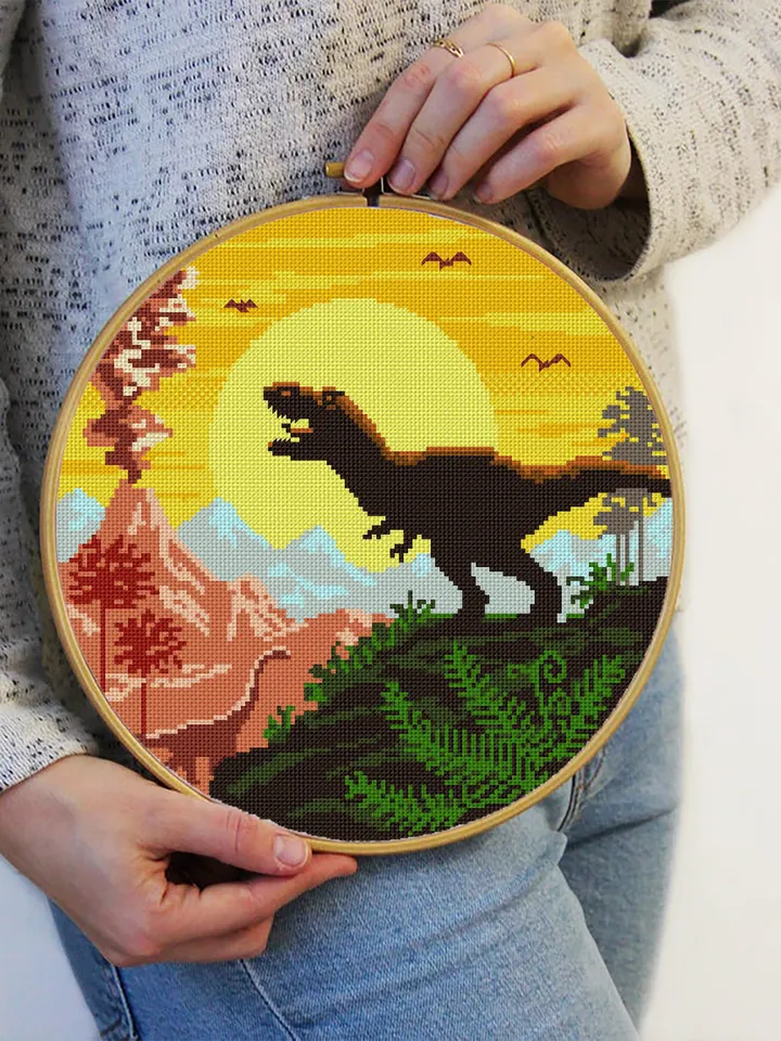 Dinosaur cross stitch pattern download PDF, Ancient animal cross stitch chart, Mountain landscape cross stitch, Nature beginner stitch #D6