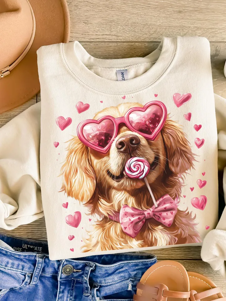 Valentine Dog Lovers png, Golden with heart-shaped glasses, Valentine png, Preppy valentine png, Watercolor Dog Coquette png, Dog Mom png