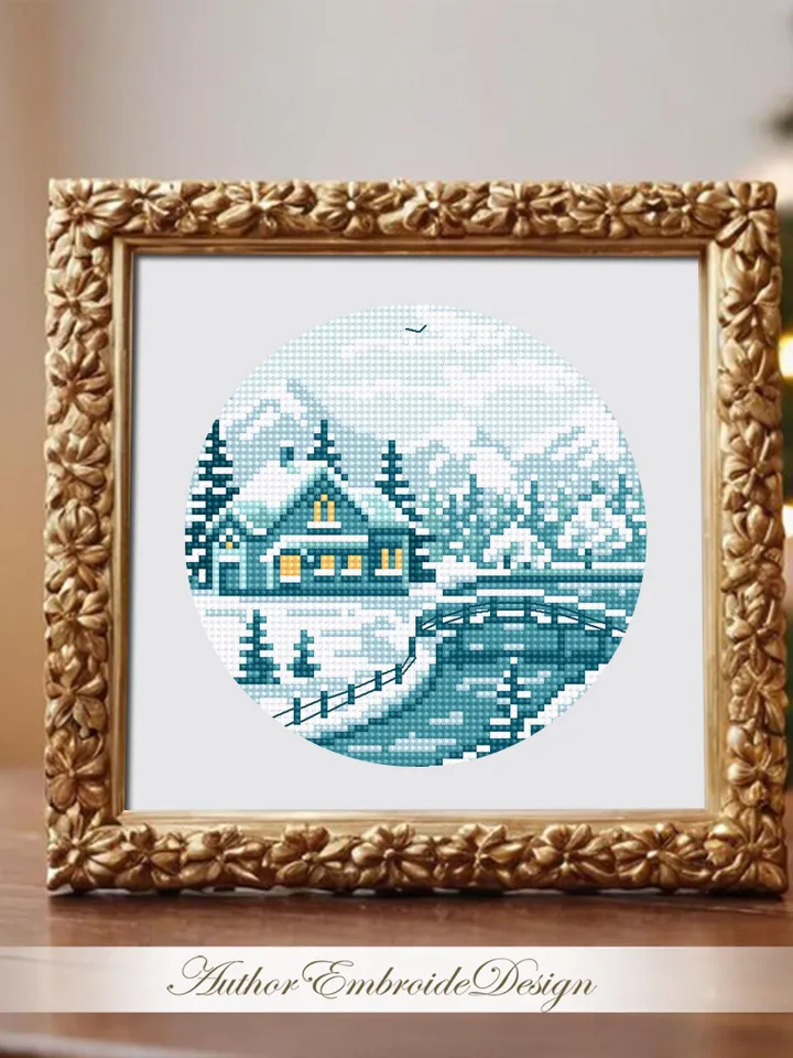 Winter landscape cross stitch pattern PDF download Nature cross stitch chart, Small snow pattern digital PDF beginner, House in forest #L92