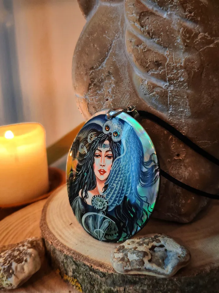Pearl pendant necklace: Woodland fairy and owl painted on Lacquer handmade jewelry • Unique statement magic necklace for fantasy lover girl