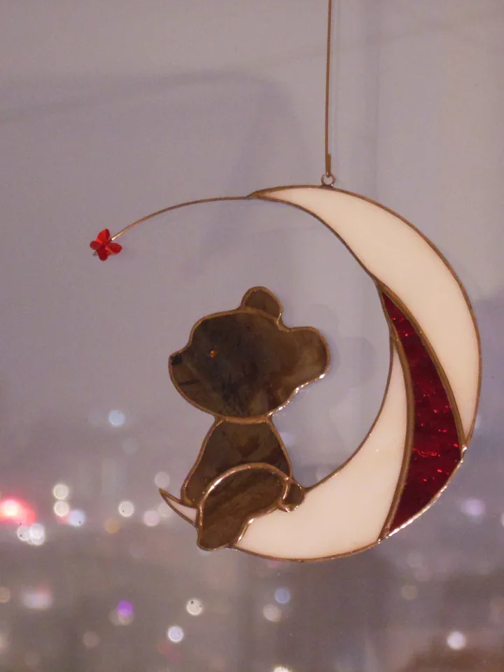 Bear on Moon with Butterfly . Swarovski Сrystal .  Stained glass window hanging Suncacher