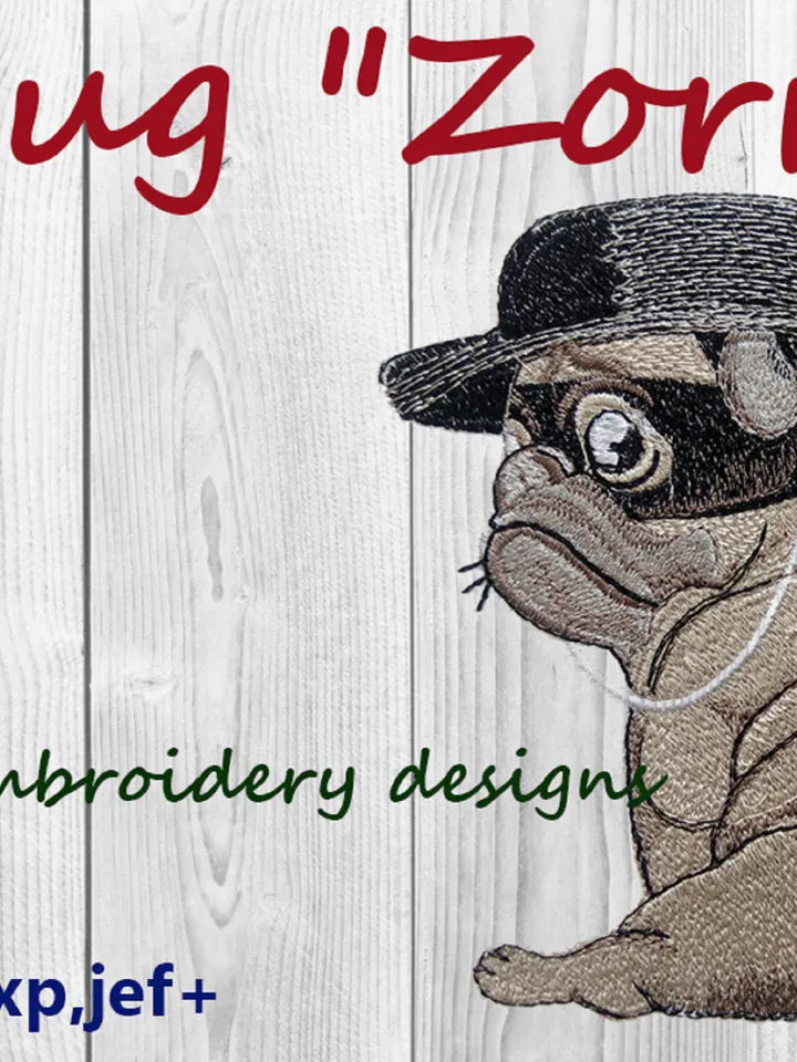 Pug Zorro 3 sizes  Embroidery Design DIGITAL EMBROIDERY