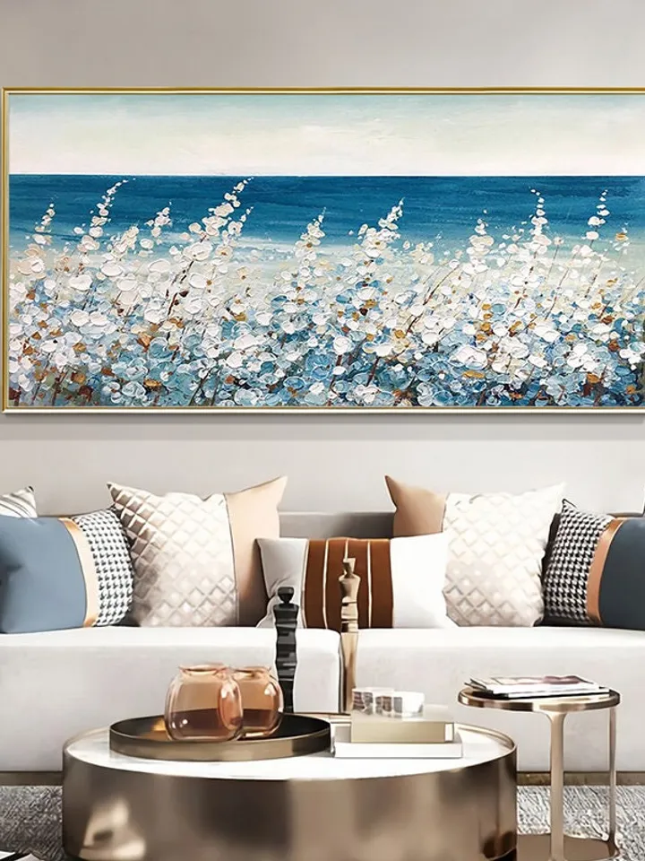 Original Flower Oil Painting On Canvas, Abstract Blud Sea Painting, Boho wall décor, Living Room Wall Art, Heavy Textured Impasto Painting