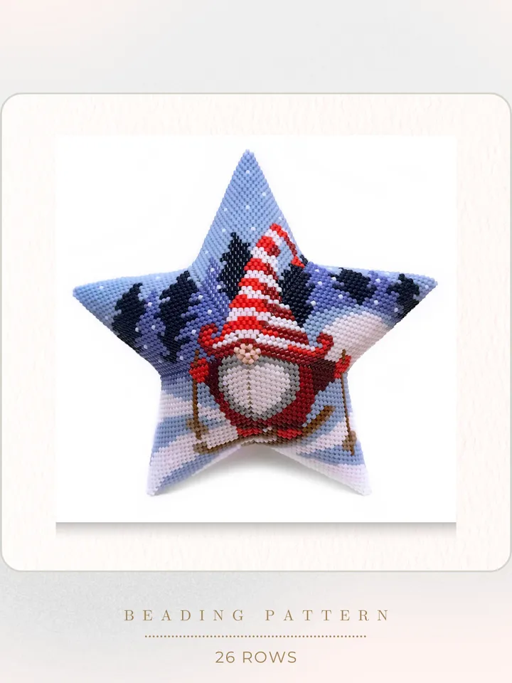 Skiing Gnome, 3D Peyote Star Beading Pattern, Seed Bead Christmas Ornament, Peyote Stitch