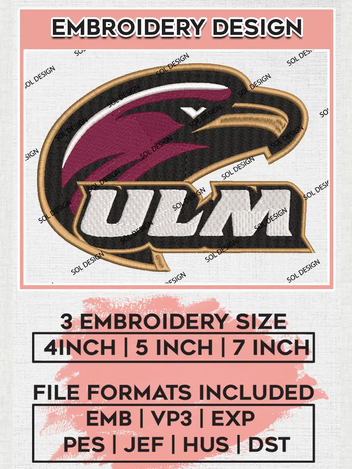 NCAA ULM College Football Team Head Mascot Logo Embroidery Design Files, NCAA UL Monroe Warhawks Machine Embroidery, NCAA Teams, Game Day, 3 sizes, NCAA Machine embroidery designs, Digital Download