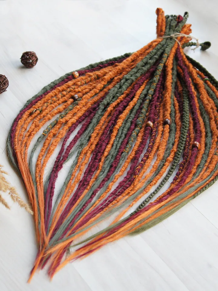Bohemian Ginger Dreadlocks Earthy Red Green Faux Locs with Bead Thread Details Single or Double Ended Handmade Boho Hair Extensions
