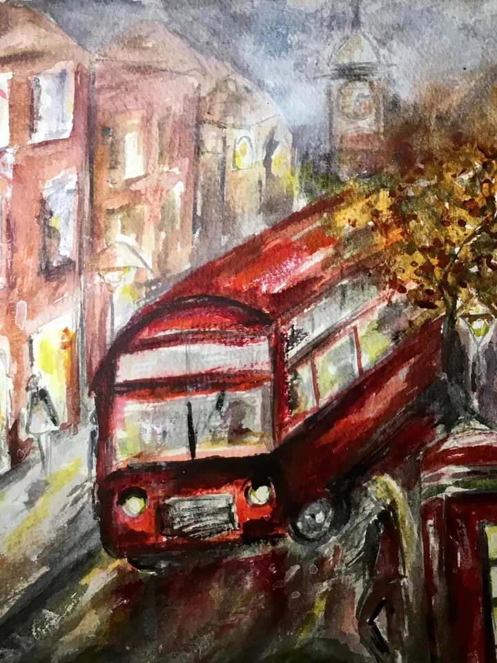 London painting,original watercolor painting,cityscapes painting,London streets painting,London bus,Big Ben art,wall hanging world capitals