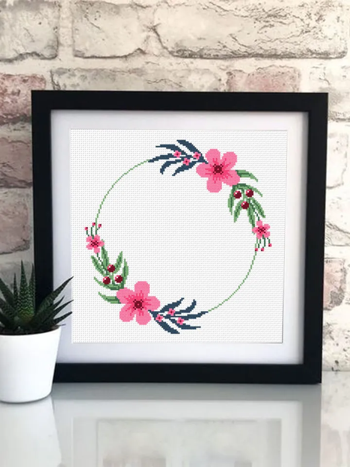Flower wreath cross stitch pattern PDF Floral frame cross stitch chart, Easy cross stitch border, Your text here, Flowers hoop art #Y1
