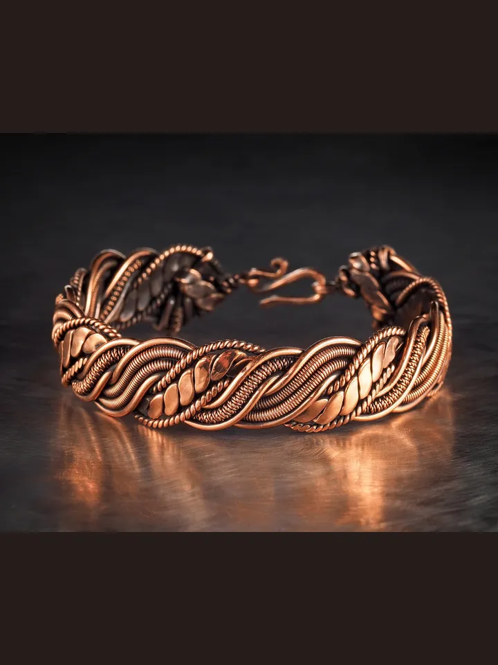 Wire wrapped bracelet, Unique 7th 22nd Wedding Anniversary gift idea, Art Nouveau antique style, One of kind braided statement bangle, Pain relief, EMF protection, Hippiу accessory, Handmade oxidized pure copper woven wire elven jewelry