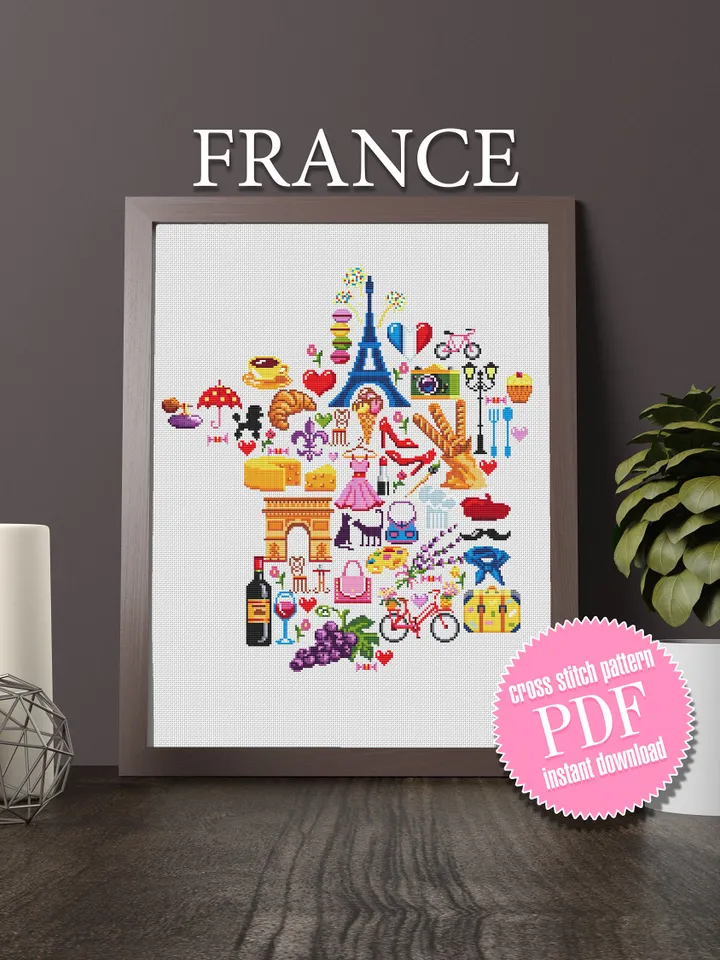 France map cross stitch pattern PDF download French sampler cross stitch chart, France pattern digital PDF, Paris cross stitch #E7