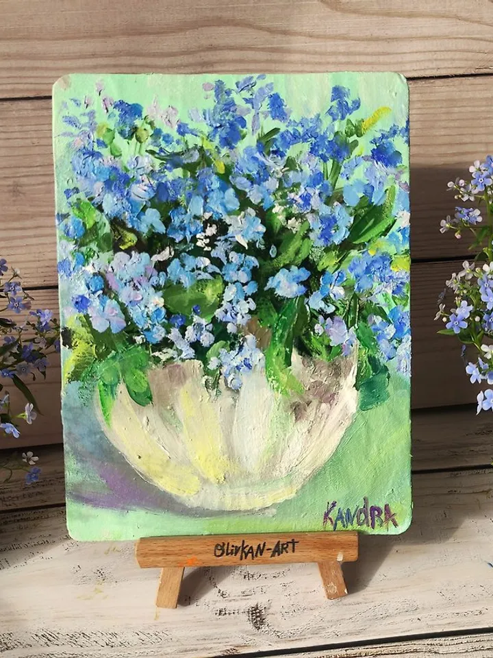 Bluebonnet Original Art Forget me nots Oil Painting Floral Artwork
