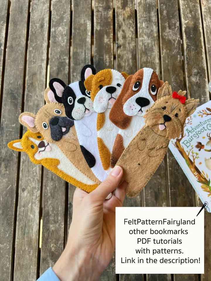 Felt long French bulldogs bookmarks hand sewing PDF tutorial with patterns. DIY dog bookmarks. Book and pets lover gift. Felt school supplies