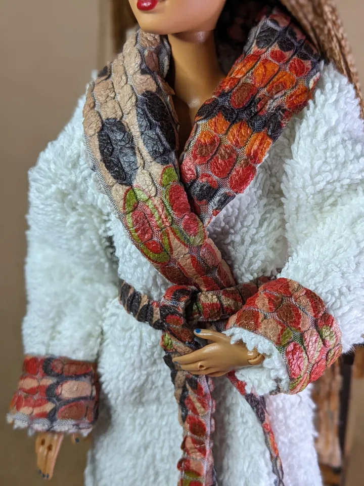 Handmade white & brown terry bathrobe for 1/6 scale fashion female dolls