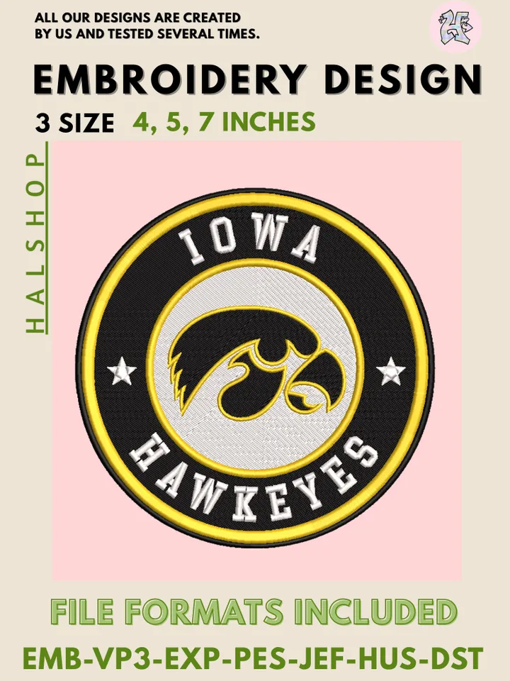 NCAA Iowa Hawkeyes Round Logo Embroidery, NCAA Iowa Hawkeyes Logo Embroidery Files, NCAA Teams, Machine Embroidery Designs, Digital Download