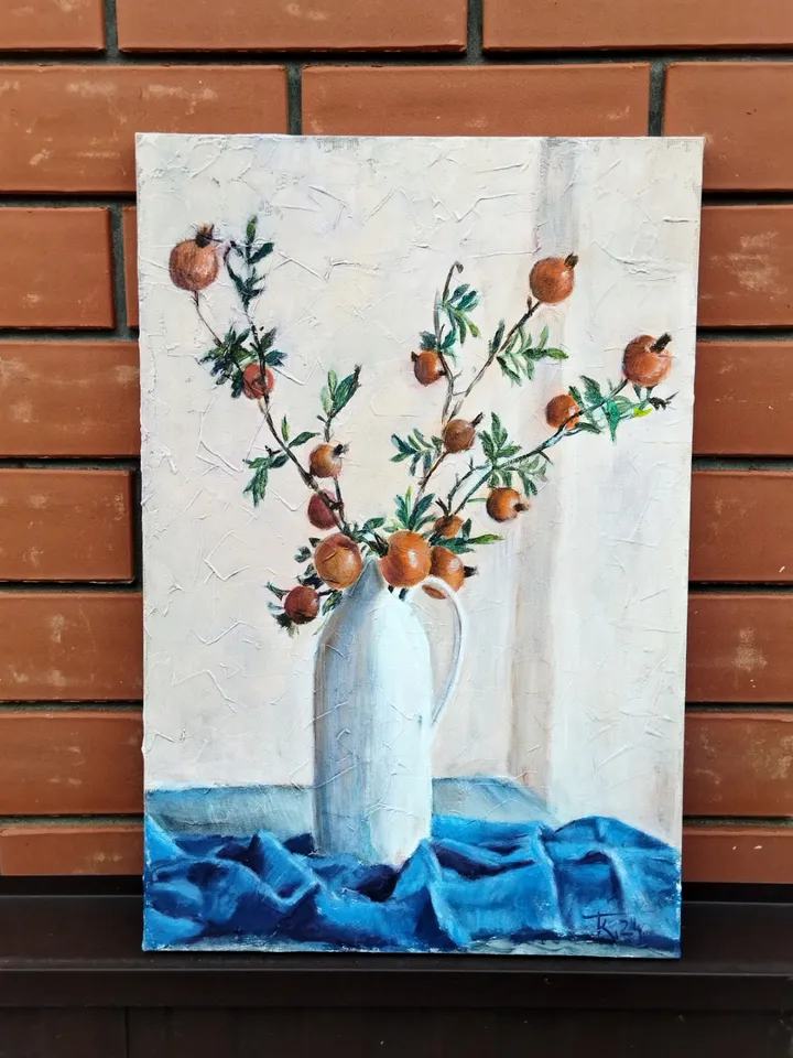 Painting with flowers with oil paints on canvas 60x40cm