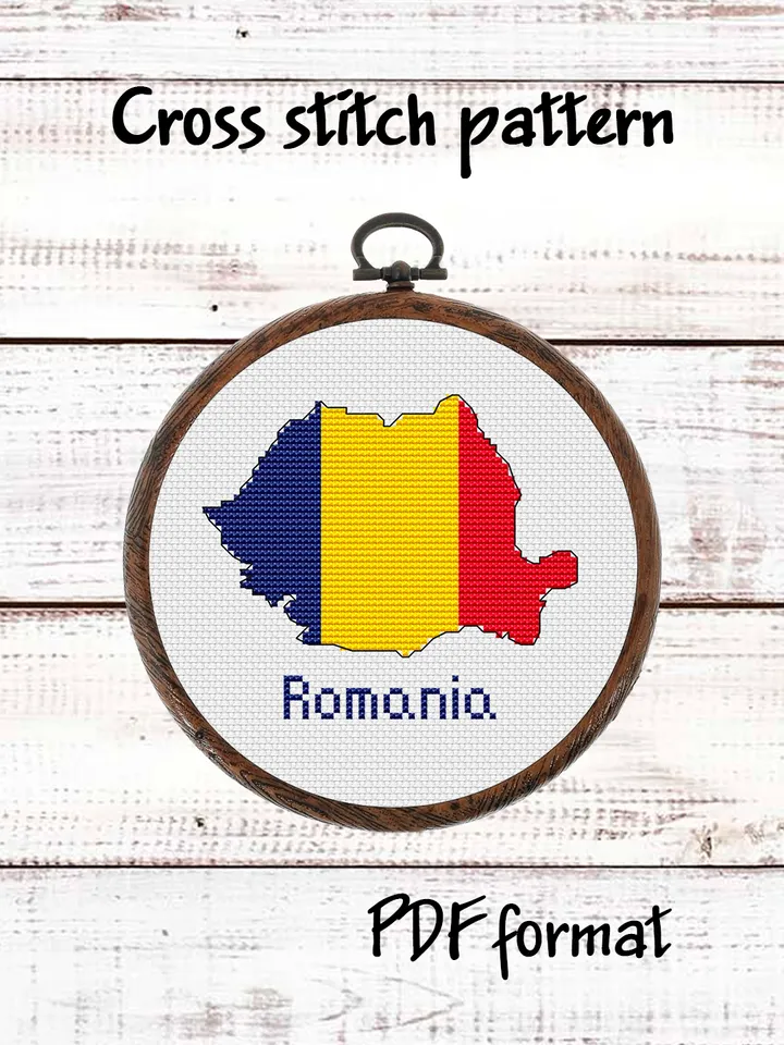 Romania Map Cross Stitch pattern modern, Romanian Flag Xstitch chart PDF
