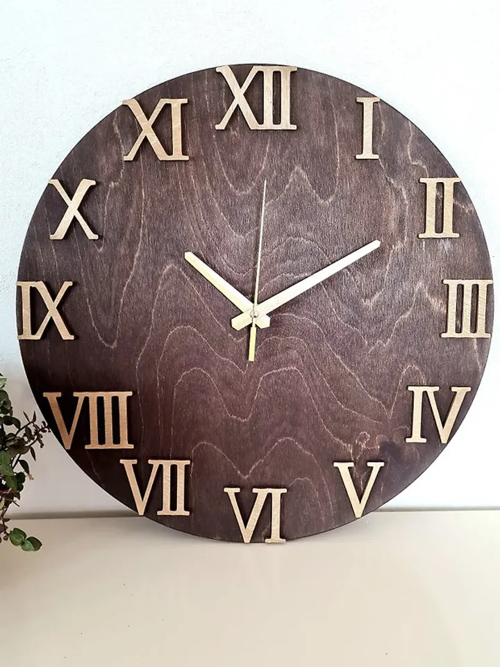 Wooden art wall clock Minimalist clock Large brown clock Silent clock 3D numbers