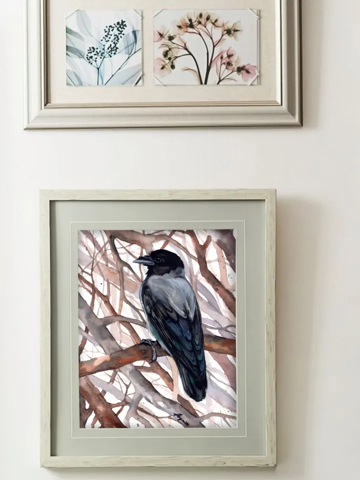 Crow Original watercolor, bird painting, wall decor, birds lover gift, 8x11 in handmade art by Anne Gorywine