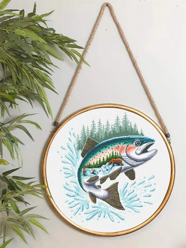 Salmon Fish cross stitch pattern PDF download Katmai national park cross stitch chart, Bears catch fish, Nature landscape pattern PDF #L80