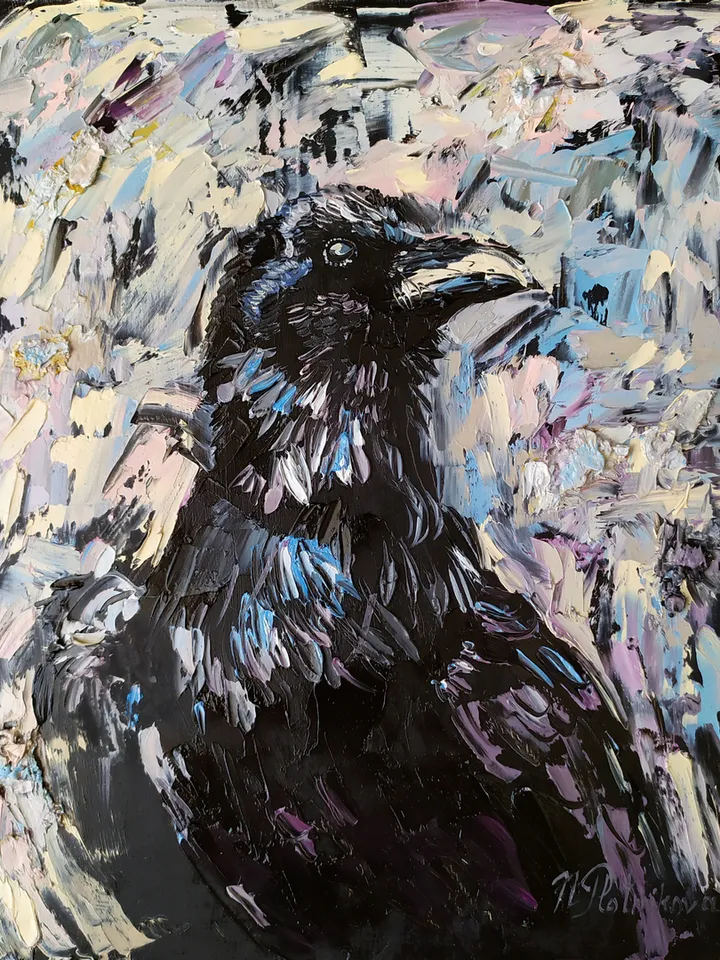 Raven Painting Bird original art 10 by 8 inches Black Raven Wall Art Crow artwork oil painting by Natalia Plotnikova