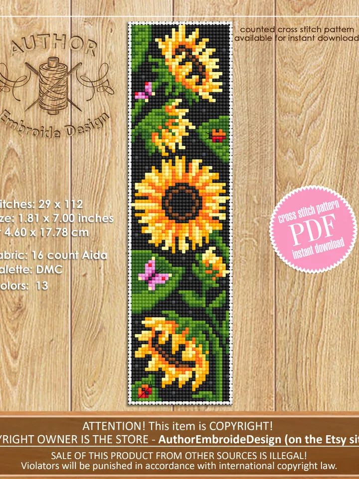 Flower bookmark sunflower cross stitch pattern download PDF Handmade bookmark digital PDF Floral cross stitch chart, Sunflower pattern #B196