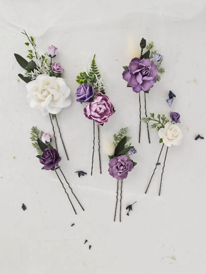 Purple set of 5 pcs/8 pcs/12 pcs bobby pins, Wedding hair accessories, Bridal hair pins, Flower hair piece