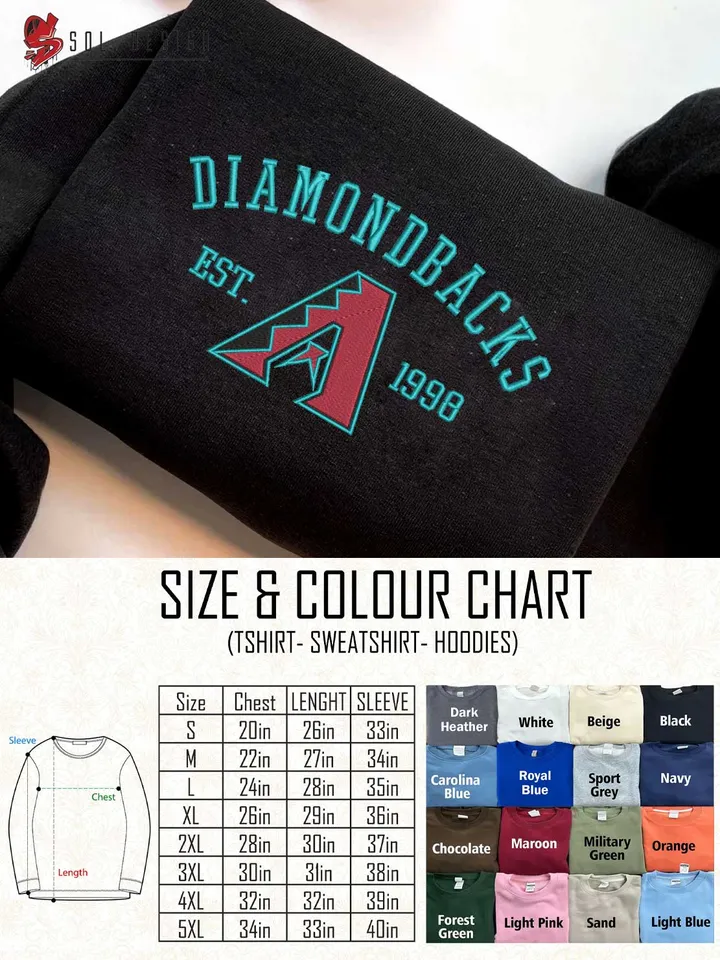 Arizona Diamondbacks Est 1998 Embroidered Sweatshirt, MLB Embroidered Sweatshirt, MLB Arizona Diamondbacks T Shirt, MLB Baseball Team Embroidered Hoodie, Unisex Crewneck, MLB Team Fan Gift Tee