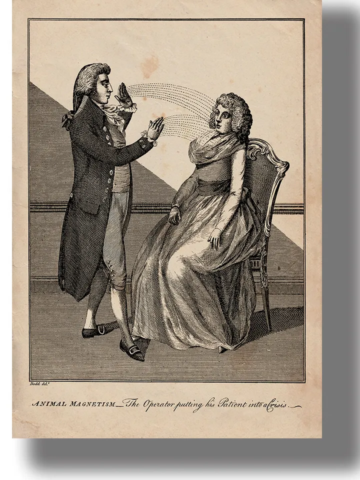 A man hypnotising a woman using the animal magnetism method by D. Dodd.