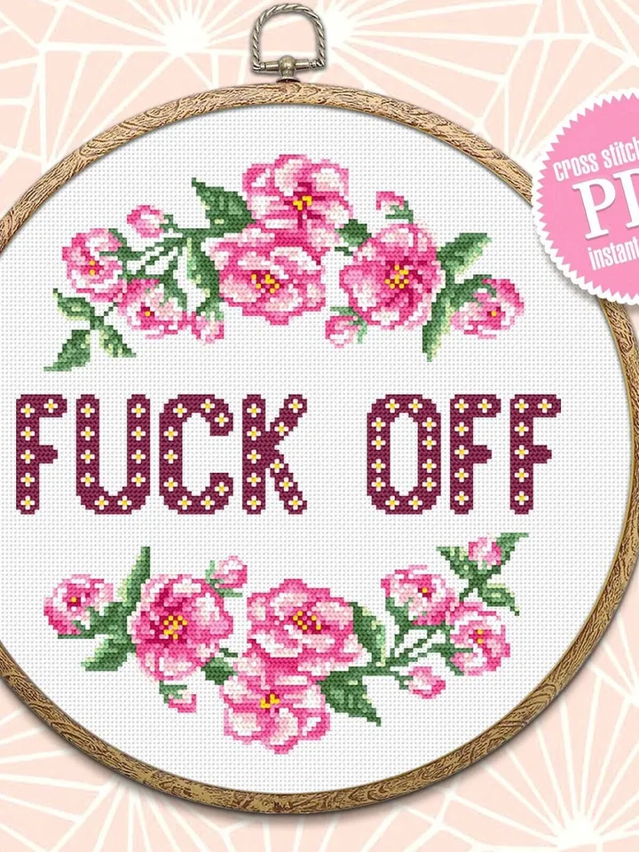 Framed quote cross stitch pattern Fuck Off download PDF Flower wreath cross stitch chart, Funny cross stitch Home decor, Flower sakura #Q34