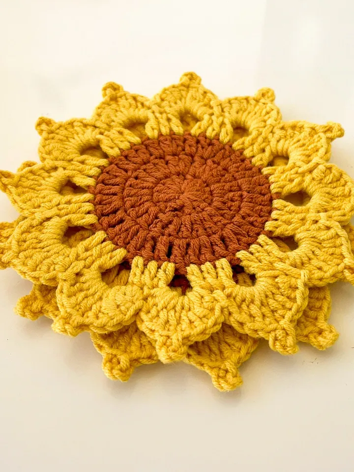 Cute Sunflower Crochet Coasters - Handmade Doily Coaster Set for Coffee and Tea - Fall Themed Sunflower Crochet Coaster Gift