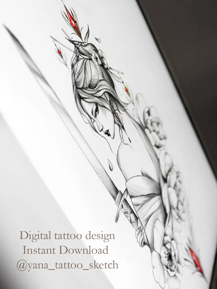 Female Samurai Tattoo Design Girl Samurai Tattoo Stencil Idea Sketch, Instant download PDF, JPG