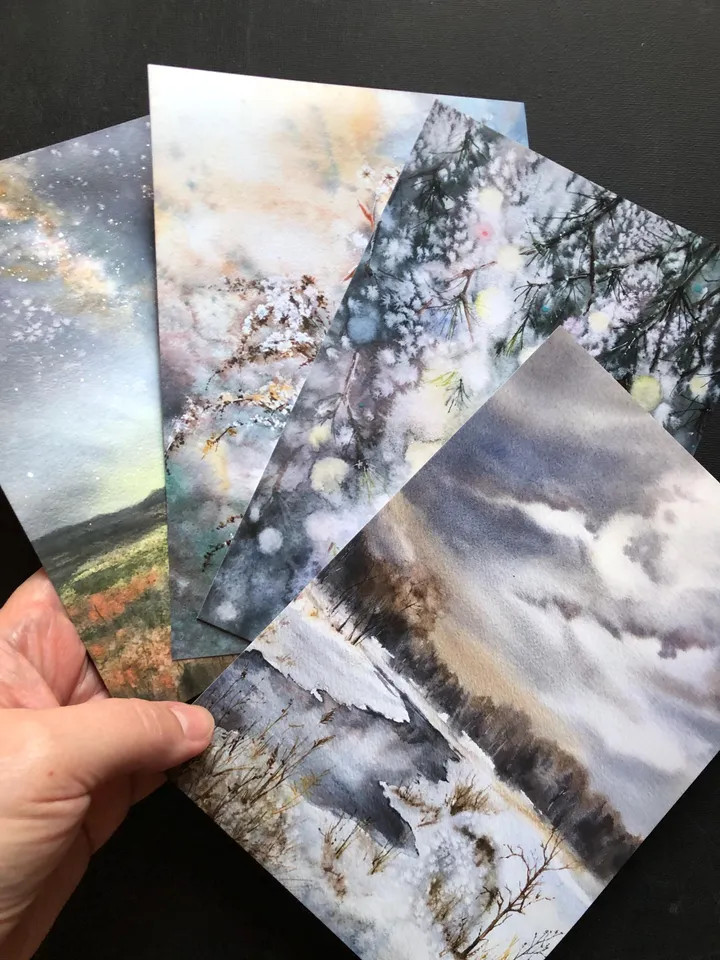 Landscape Watercolor Prints Set of 4 Nature Postcards