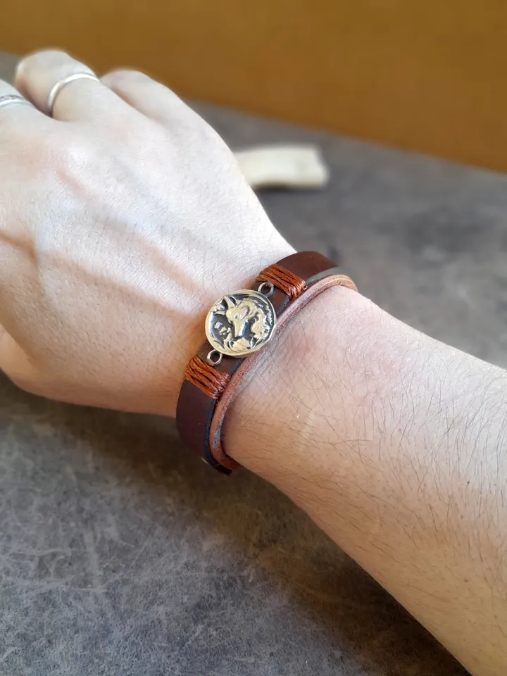 Fox Bracelet, Handmade Adjustable Brown Leather Bracelet with Oxidized Brass Forest Fox Pendant, No Tarnishing, Secret Message Bangle