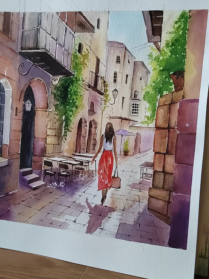 Original Watercolor Painting Cozy Urban Landscape Italy Street Artwork 27x33 cm by SoftWaves