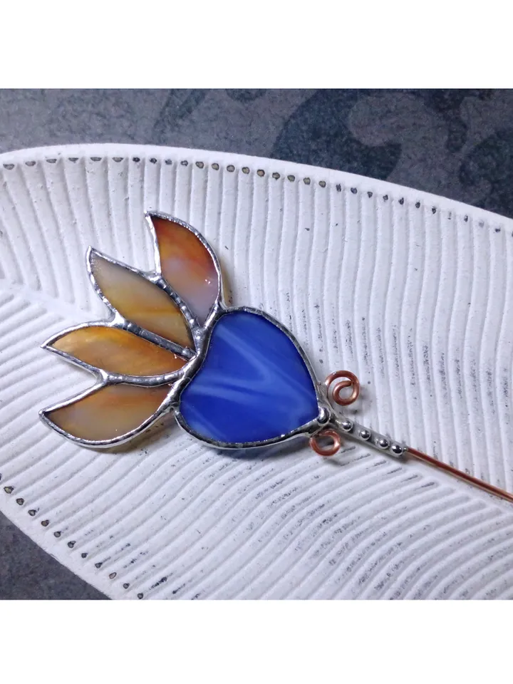 Garden art, Glass flower, lotus, lilie suncatcher, nature Stained glass, Orange flower, flower pot pole