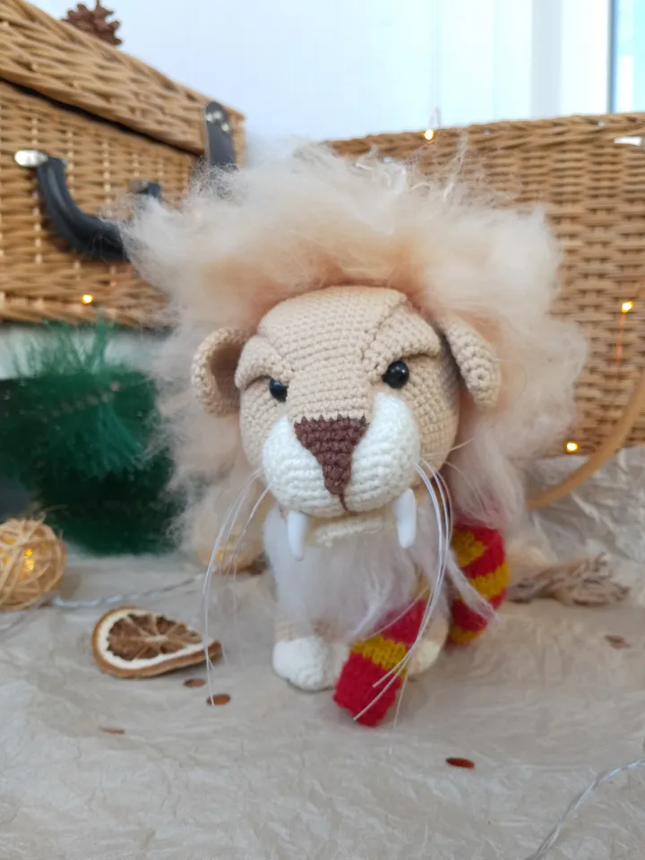 Soft toy lion in a scarf Gryffindor. Harry Potter symbol. Gift for Harry Potter fans. Stuffed lion toy for gift