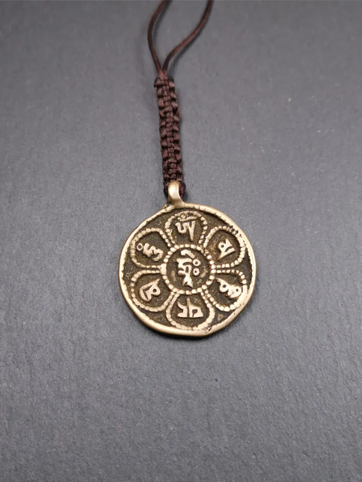 Gandhanra Handmade Tibetan Buddhist Amulet,Om Badge Pendant, Mantra of Om Mani Padme Hum, Made of Brass,1.38&quot;